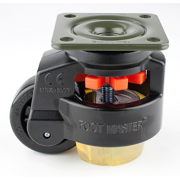 Leveling Caster, 75 mm Nylon Wheel, 95x95 mm Plate, Swivel, 800 kg Cap, PU Foot Pad, Black